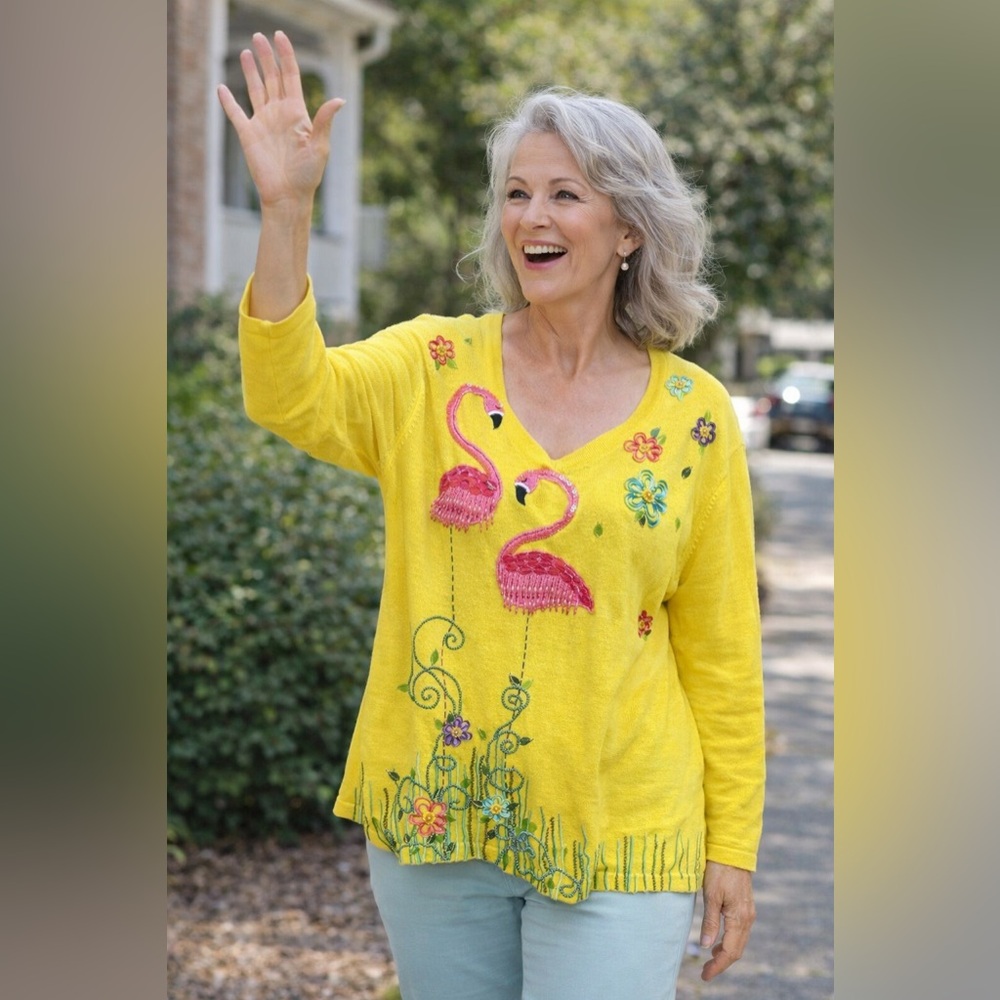 Jack B Quick Vintage Yellow Flamingo Floral V-Neck Sweater | Size XL | Embroider
